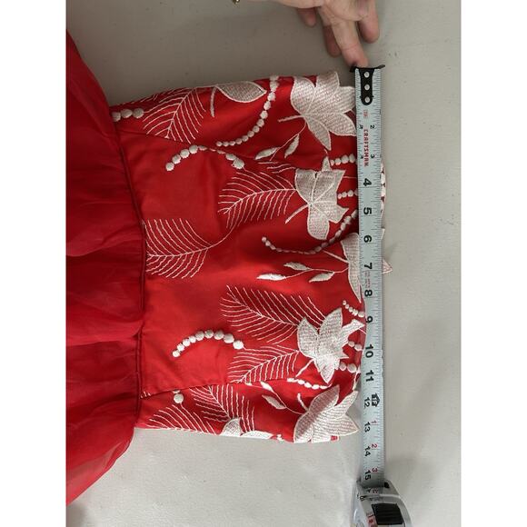 Vintage ‘80s Eve of Milady Red Emboidery Strapless Basque Waist Midi Dress - Picture 6 of 9